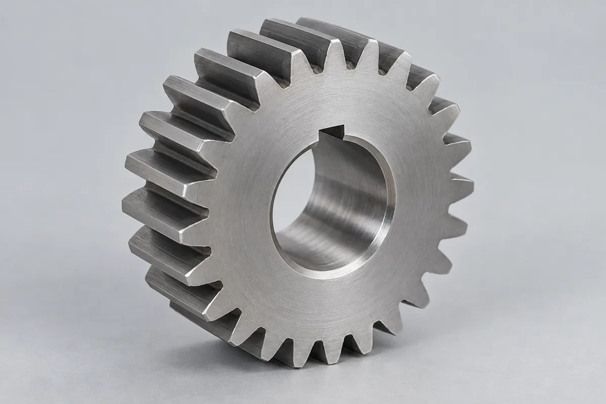 Representative AI-generated spur gear; not a manufacturing drawing or actual stock.